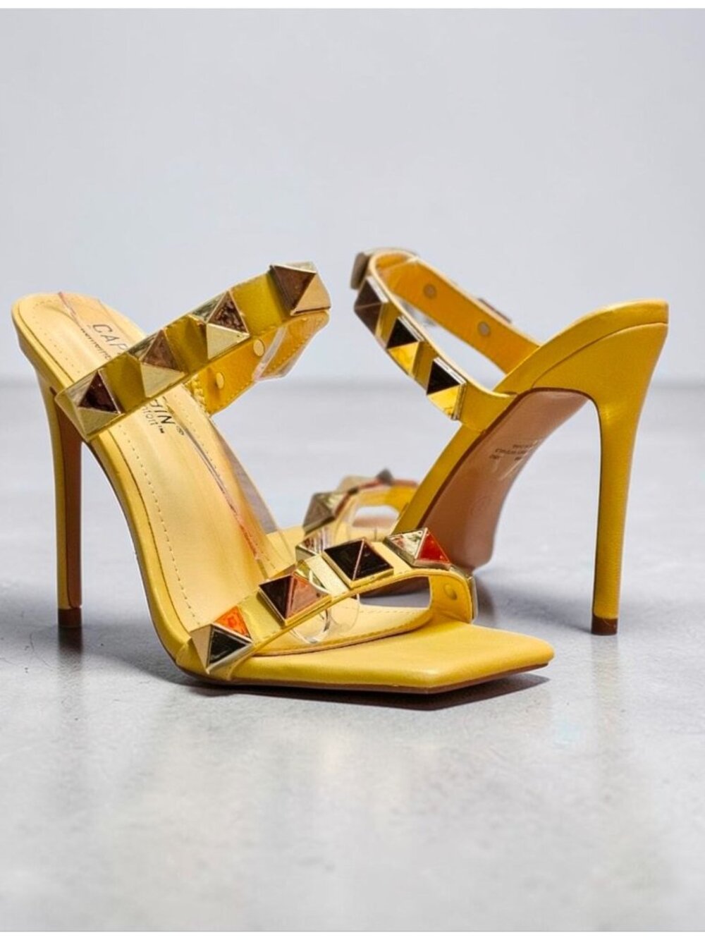 Yellow Studded High Heel Sandals With Straps & Square Toe Design For Women - Picture 12 of 15